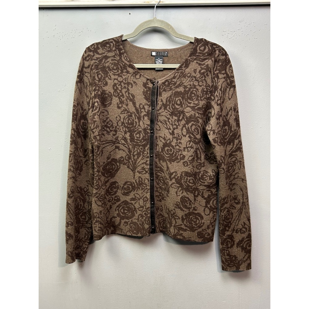 Carole Little Womens Brown Rose Print Button Front Cardigan Sweater M